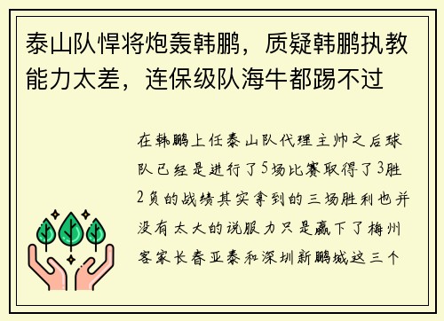 泰山队悍将炮轰韩鹏，质疑韩鹏执教能力太差，连保级队海牛都踢不过